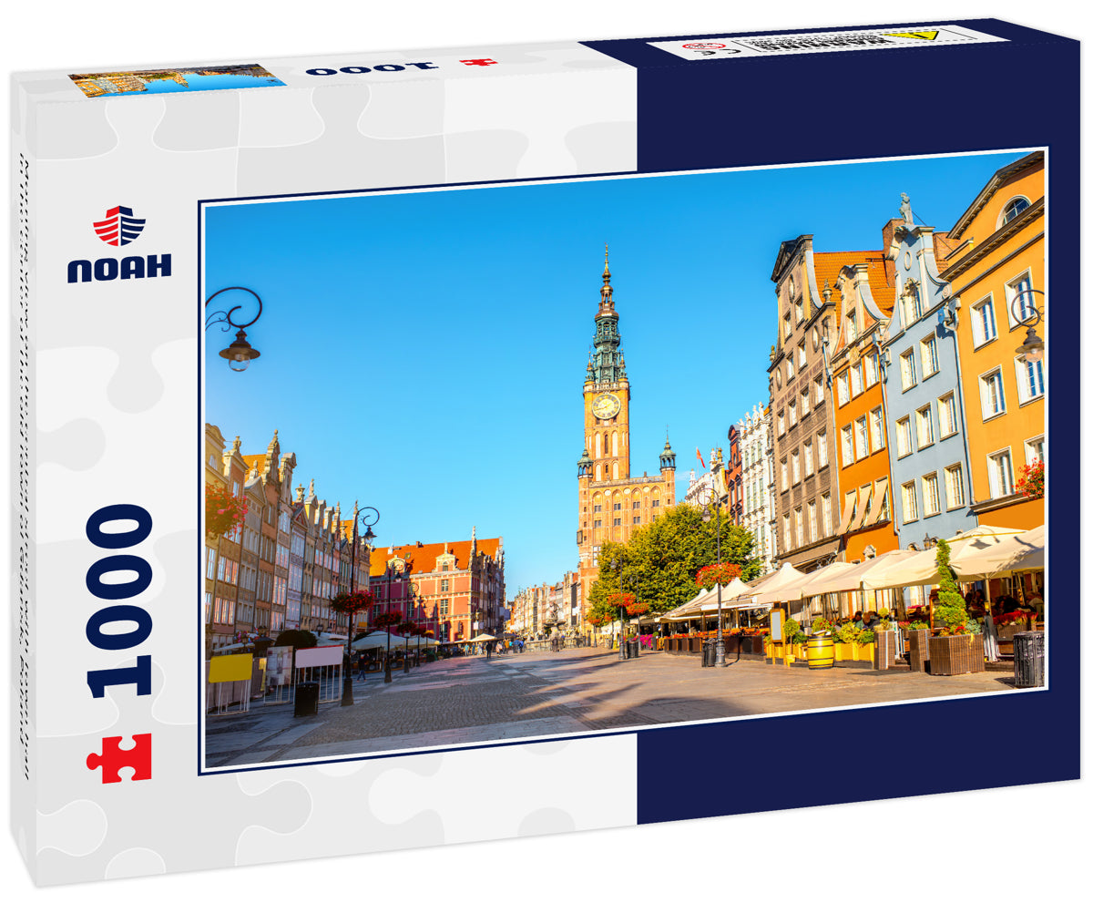 Morning view on the central street with town hall in the center of the old town of Gdansk, Poland