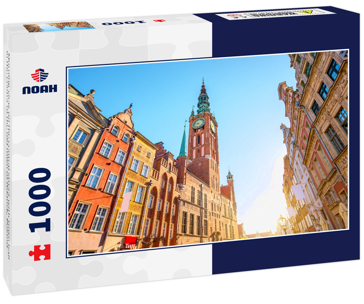 Morning view on the central street with town hall in the center of the old town of Gdansk, Poland
