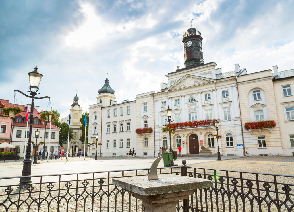 The old market and town hall in city of Plock, Poland