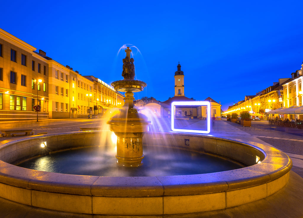Fountain on the main square of Bialystok at night, Poland