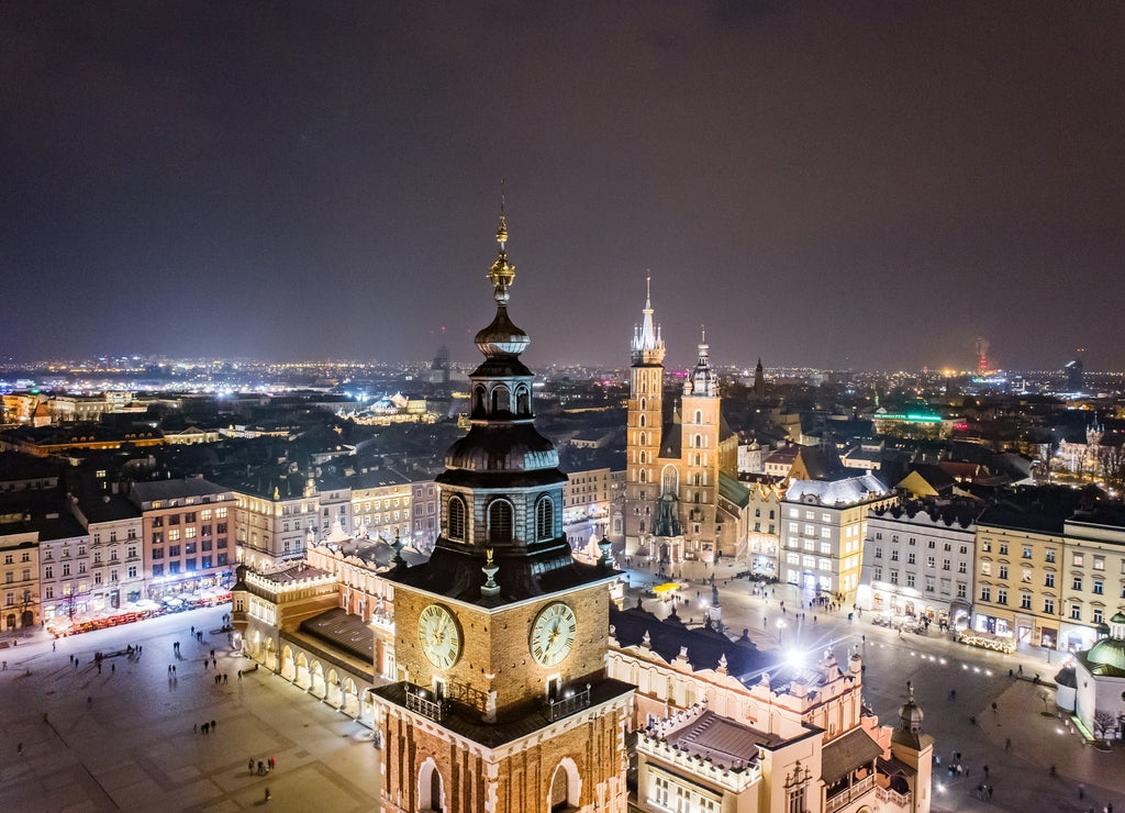 Cracow old town and city main square at night