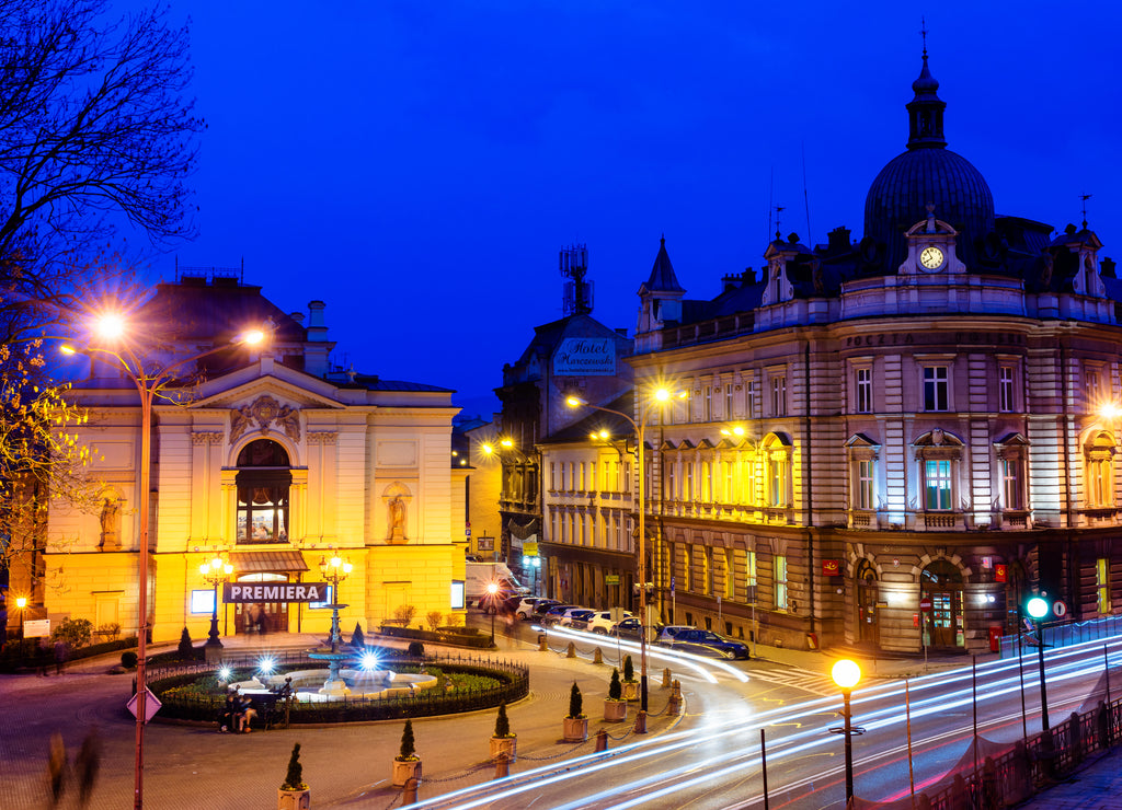 Night view on the theater and main post office in Bielsko Biala city, Silesia, Poland