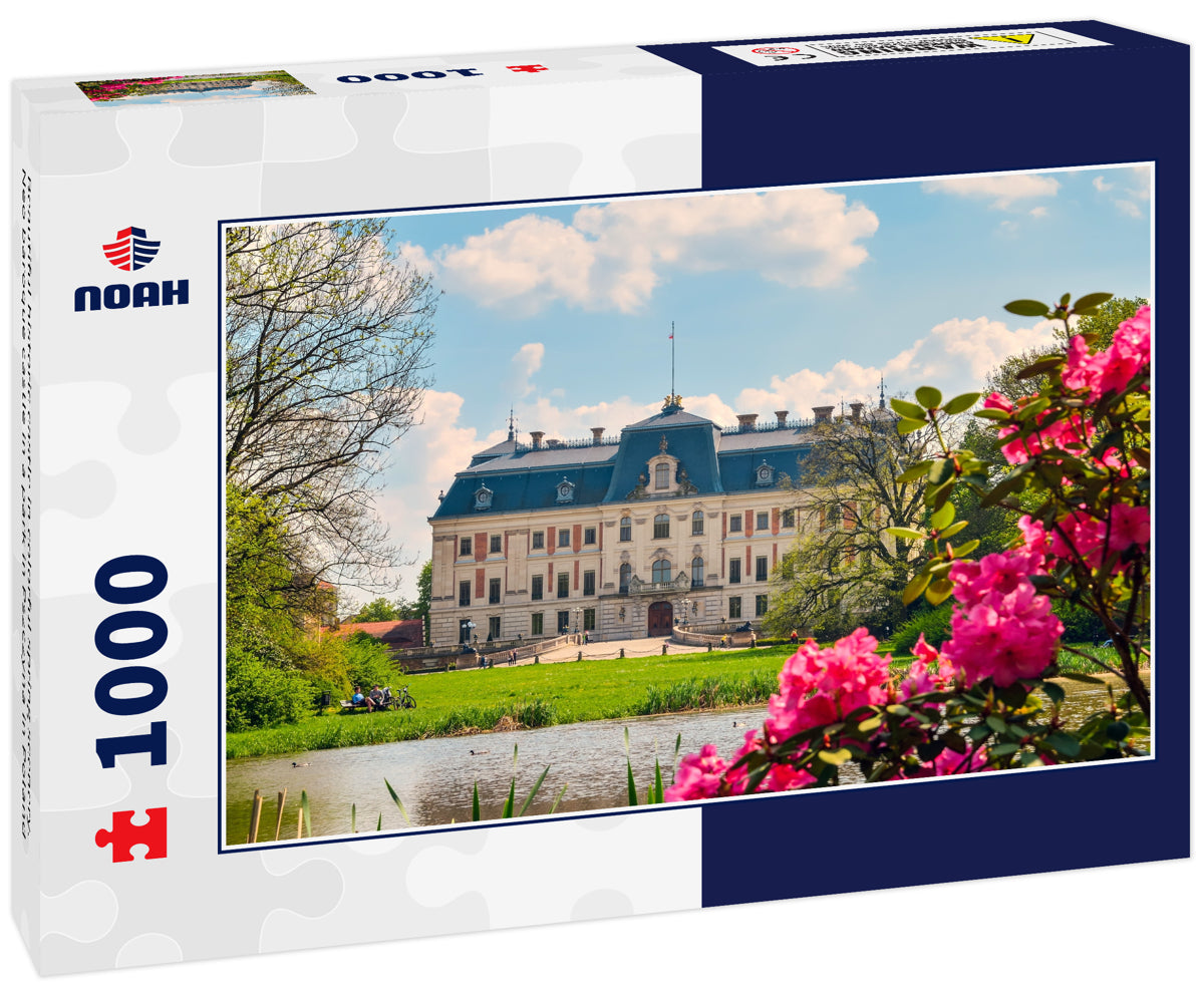 Beautiful historic castle in colorful spring scenery. Neo baroque castle in a park in Pszczyna in Poland