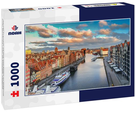 Aerial scenery of the old town in Gdansk over Motlawa river at sunrise, Poland