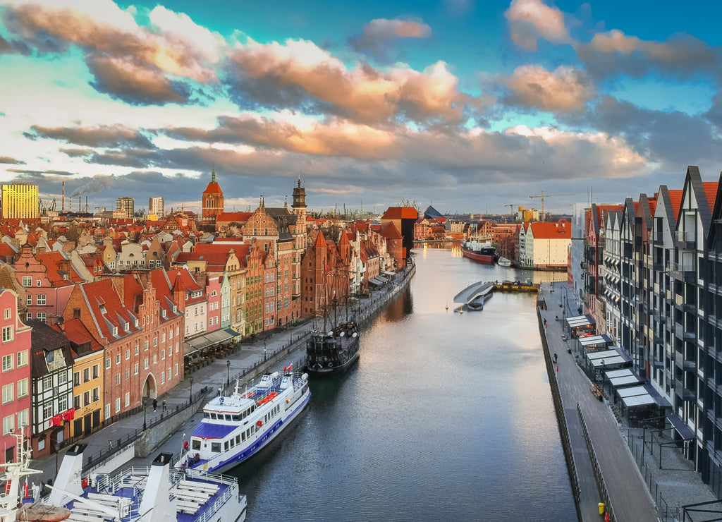Aerial scenery of the old town in Gdansk over Motlawa river at sunrise, Poland
