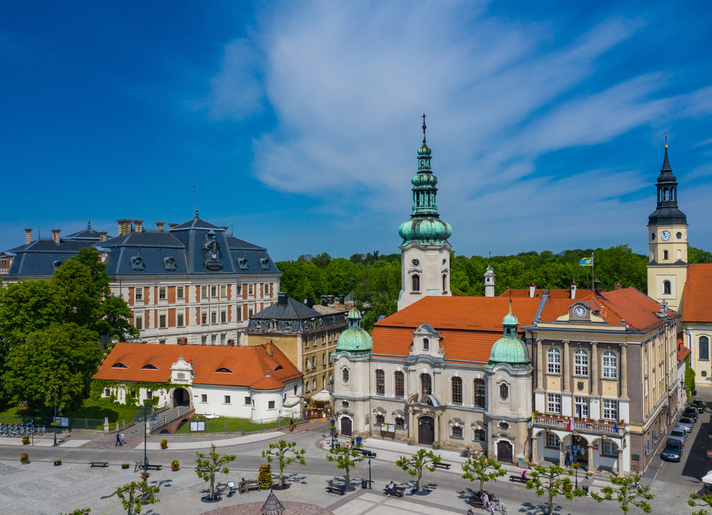 Pszczyna Aerial View. Main market square in historical european city. Colorful old buildings and clear blue sky. Pszczyna, Upper Silesia, Poland