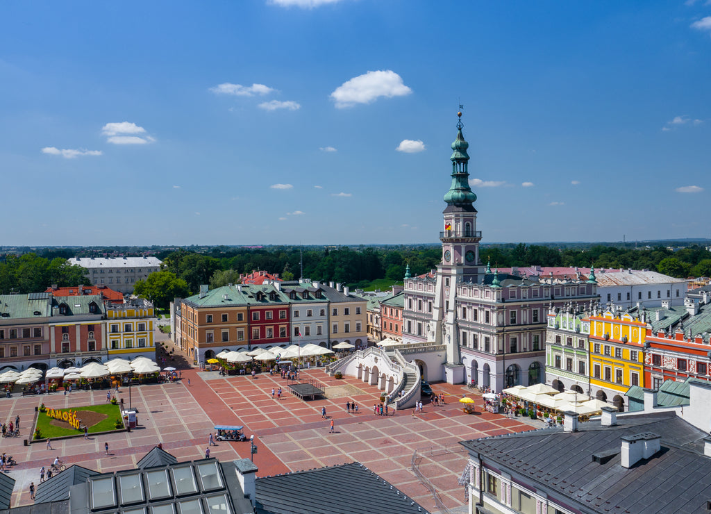 Zamosc, Poland. Aerial view of old town and city main square with town hall. Bird's eye view of the old city. UNESCO World Heritage Sites in Poland