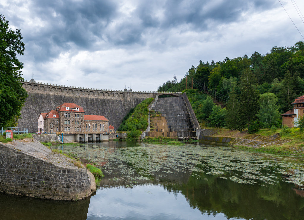 Dam on Bobr river and hydroelectric water power station in Pilchowice near Jelenia Gora in Poland