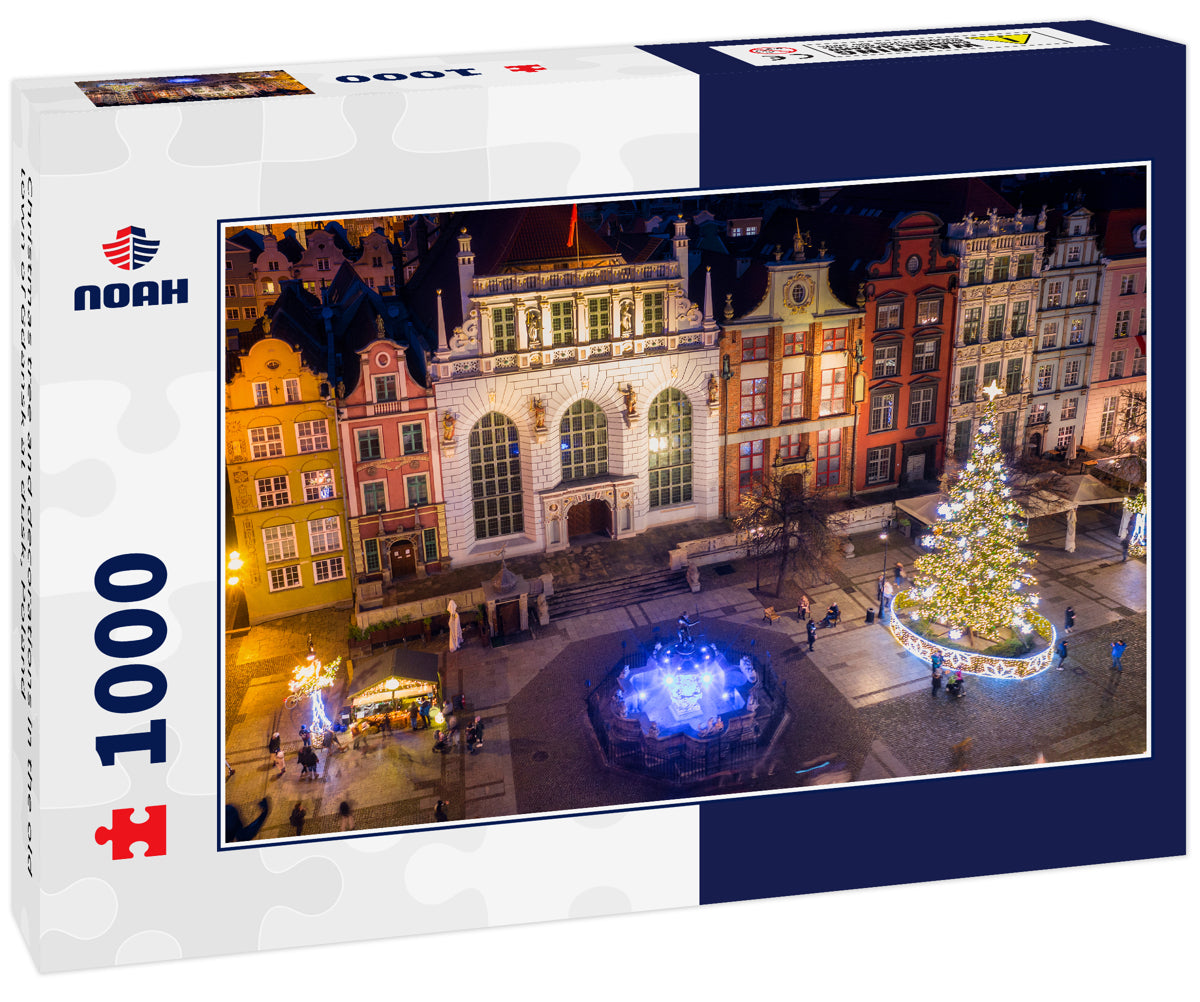 Christmas tree and decorations in the old town of Gdansk at dusk, Poland