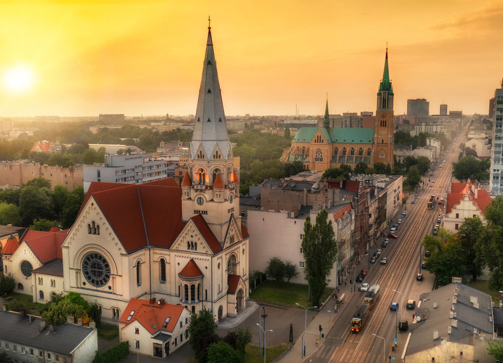 Aerial view of city of Lodz in Poland during sunset