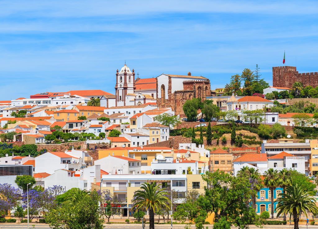 View of Silves town buildings with famous castle and cathedral, Algarve region, Portugal