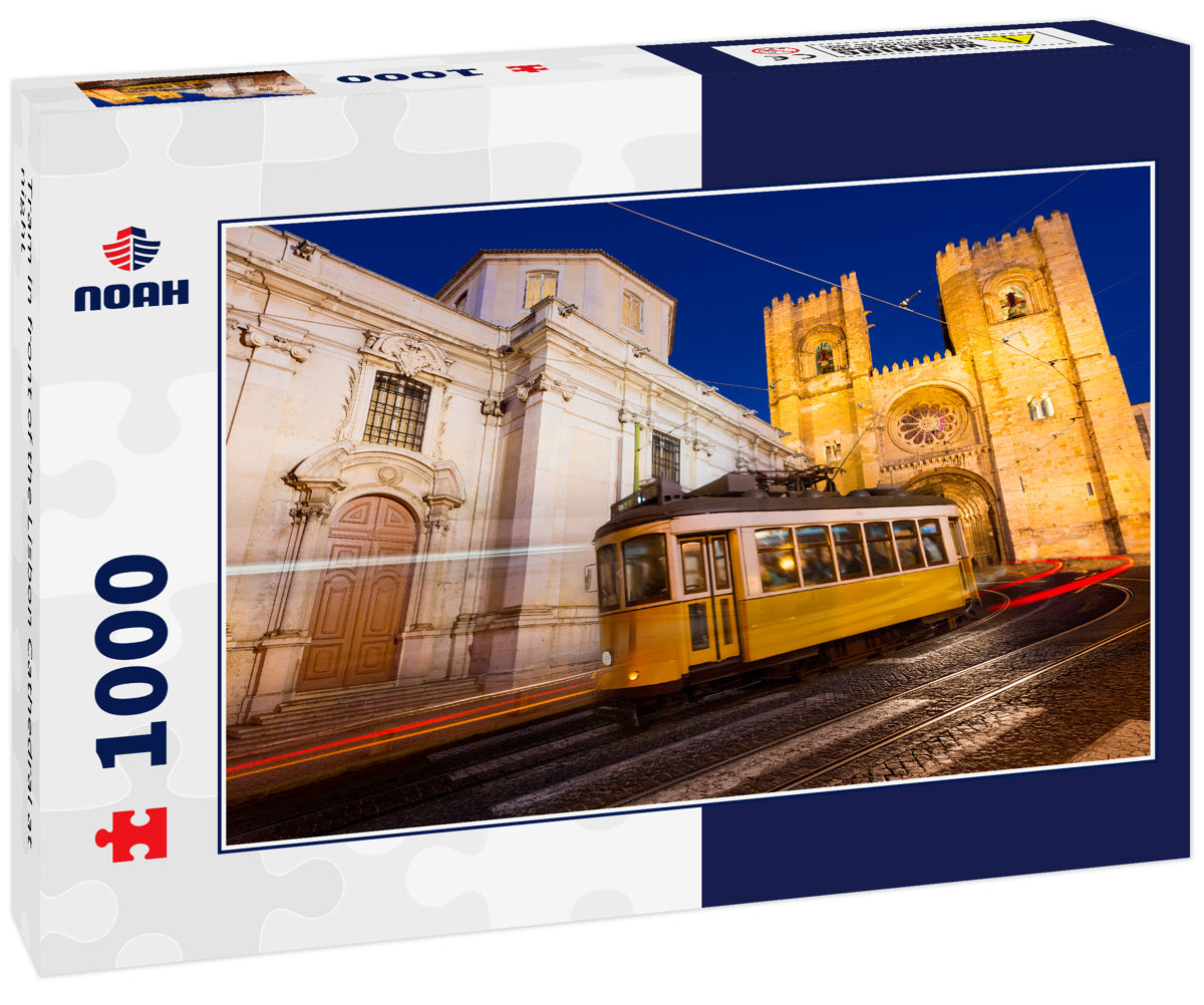 Tram in front of the Lisbon Cathedral at night