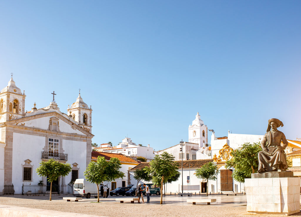 Cityscape view on the center of the old town with santa Maria church in Lagos on the south of Portugal