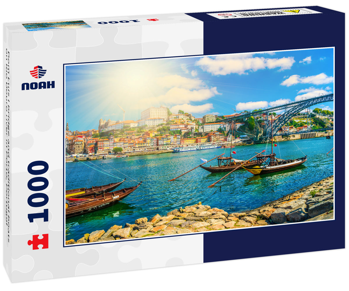 Dom Luis I bridge and traditional boats on Rio Douro river in Porto, Portugal