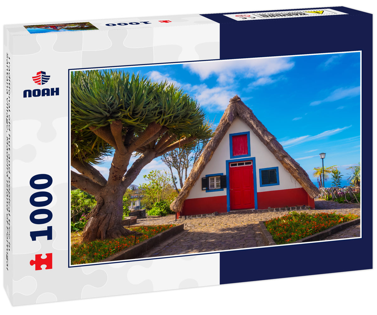 Traditional old hut and tropical tree in Santana village, Madeira island of Portugal