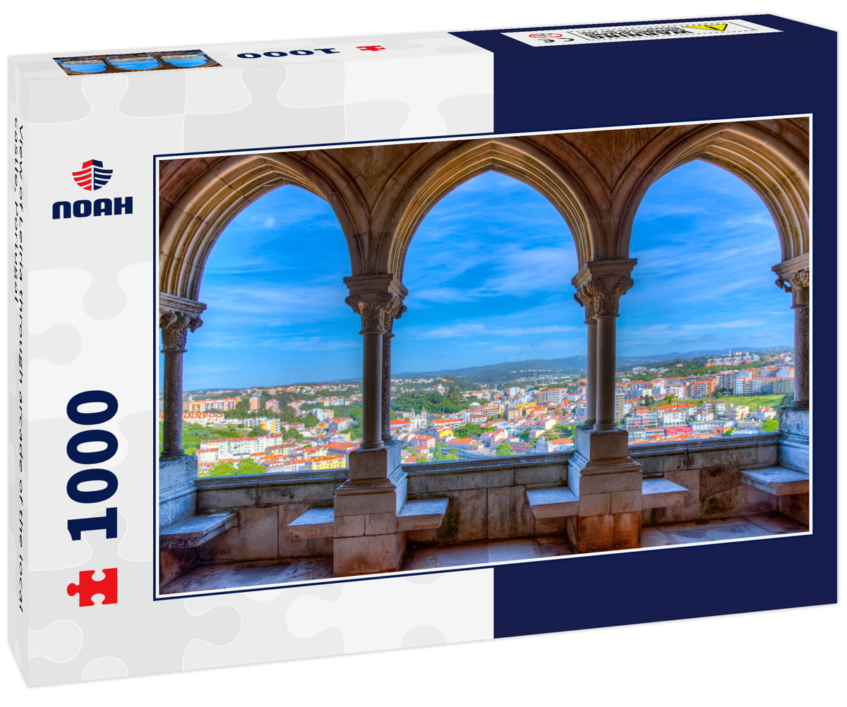 View of Leiria through arcade of the local castle, Portugal