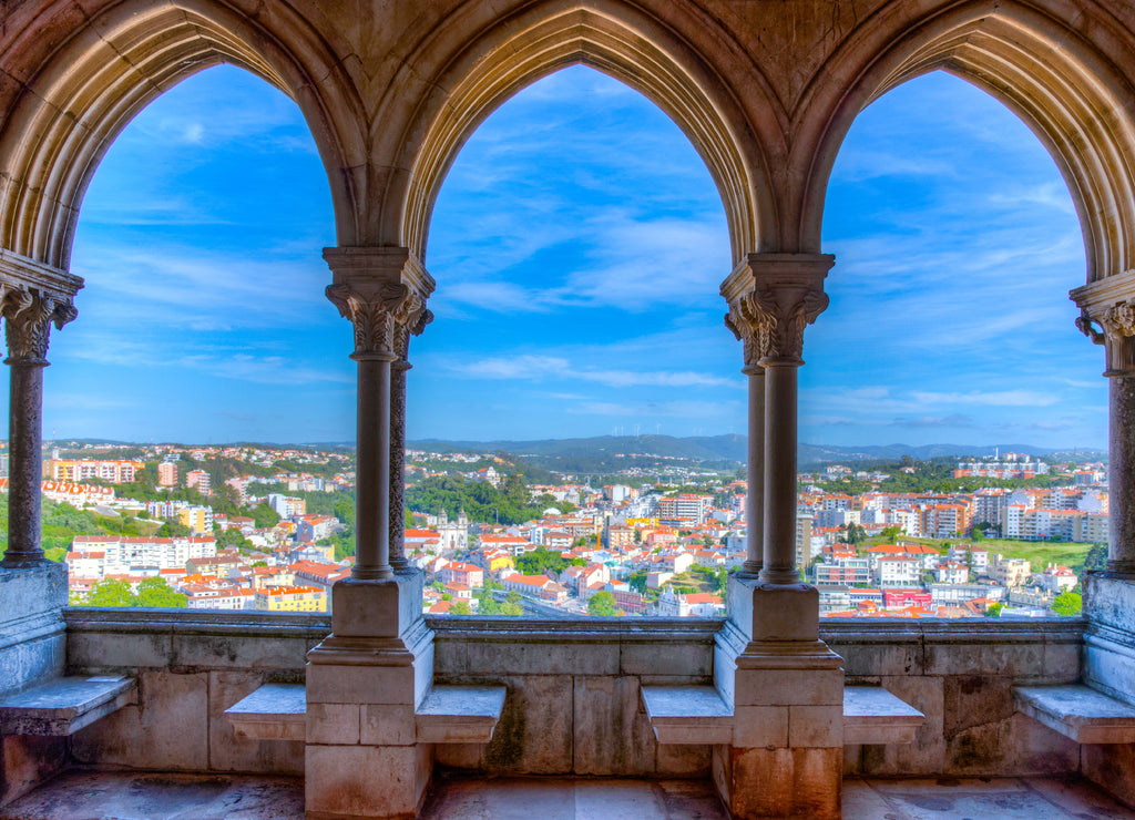 View of Leiria through arcade of the local castle, Portugal