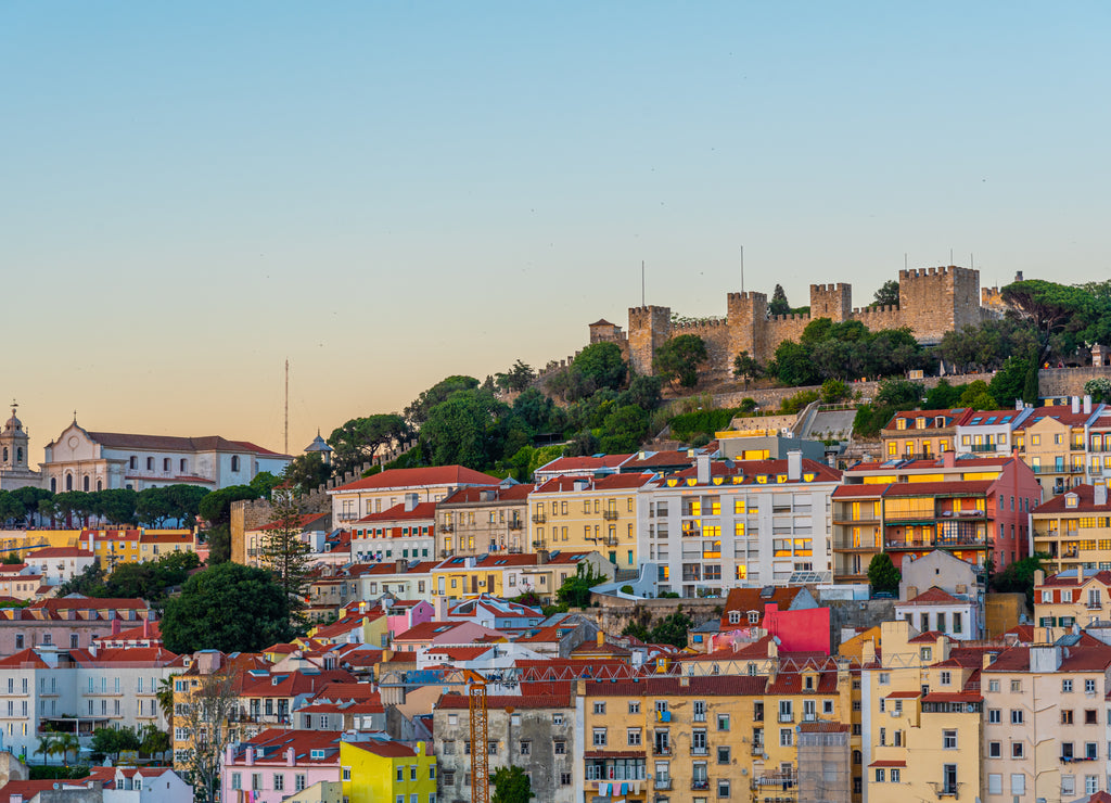 Sunset view over Sao Jorge castle in Lisbon, Portugal