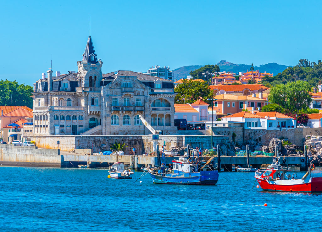 Seixas palace viewed behind marina in Cascais, Portugal