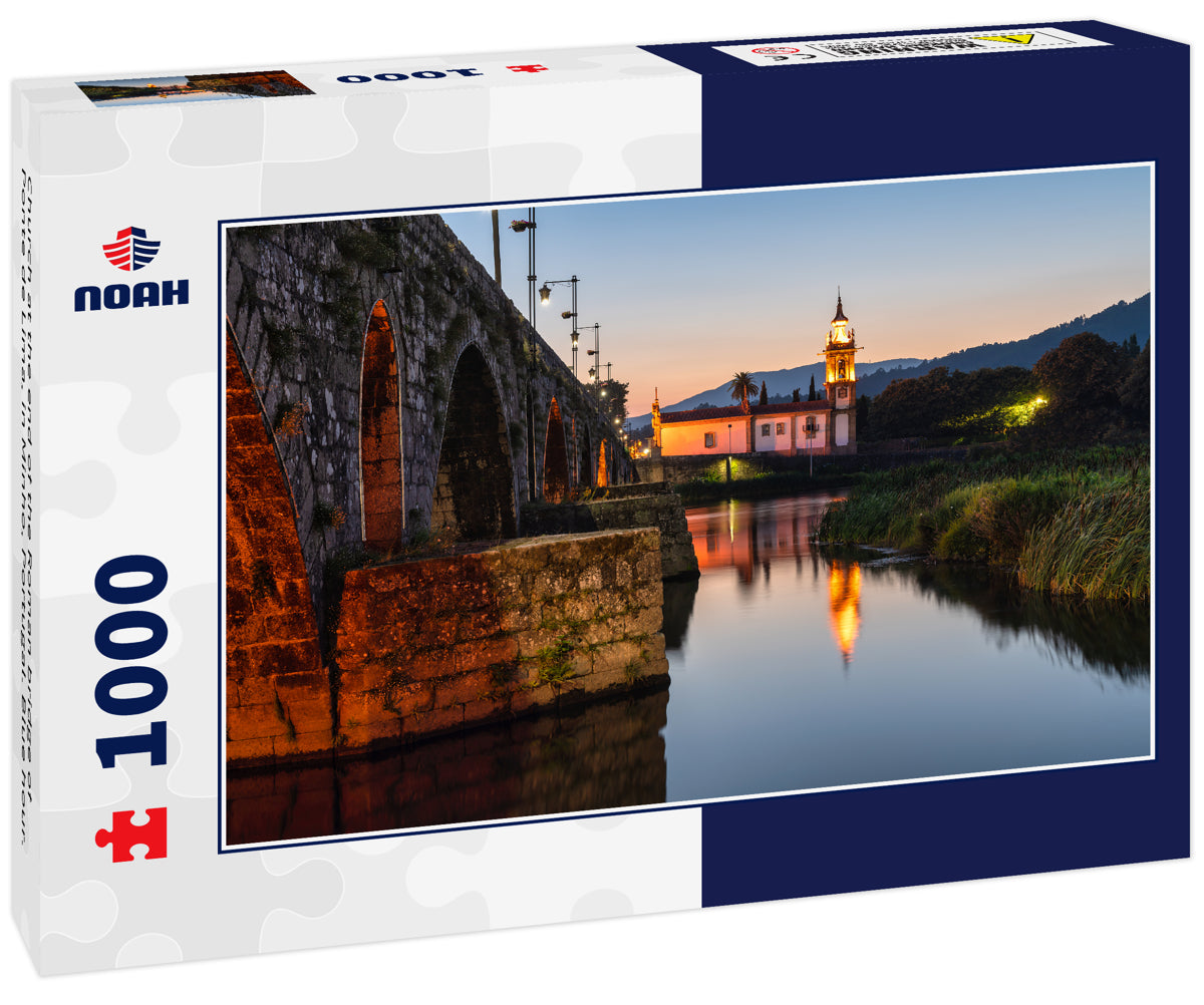 Church at the end of the Roman bridge of Ponte de Lima, in Minho, Portugal. Blue hour.