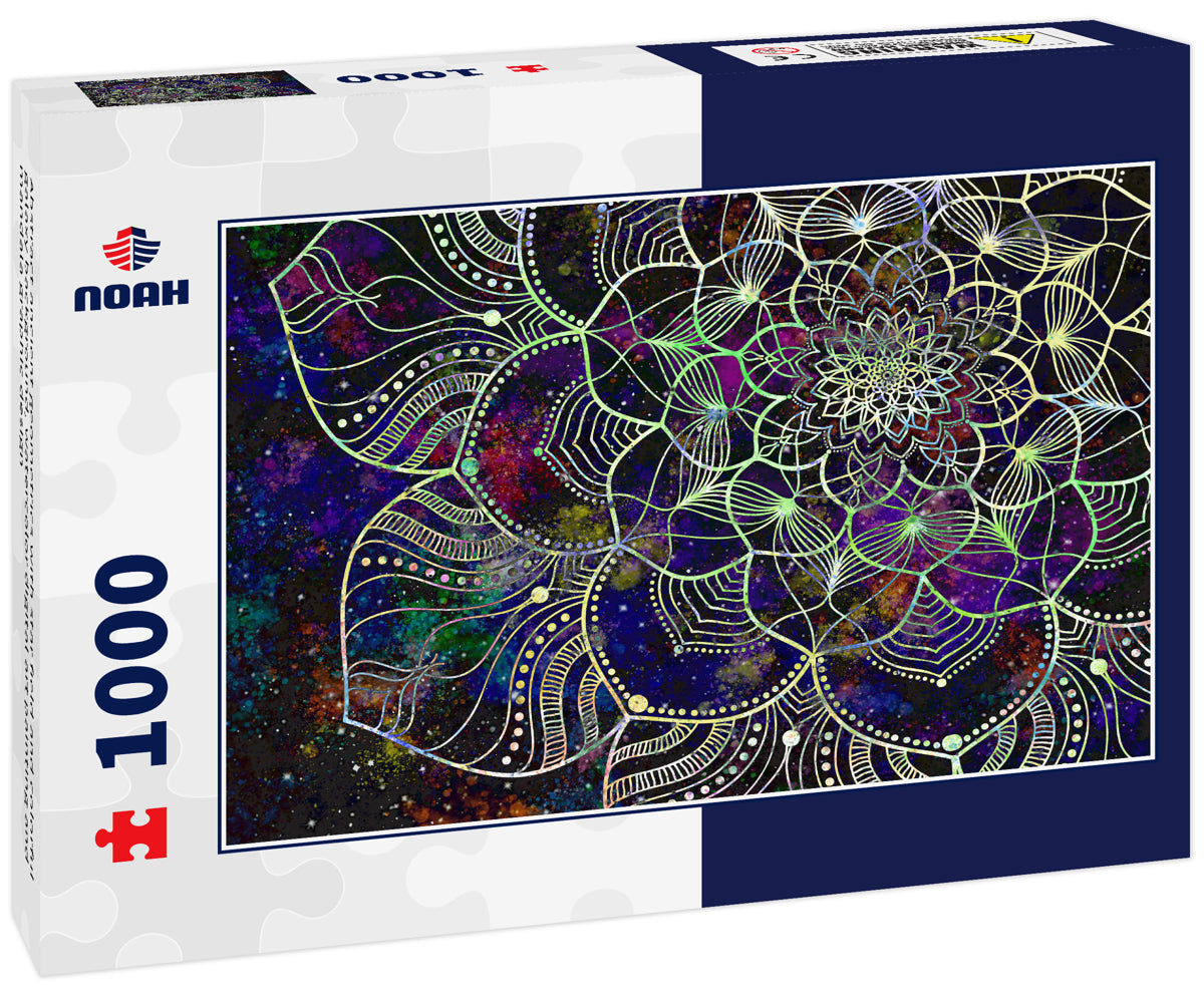 Abstract ancient geometrics with star field and colorful galaxy background, watercolor digital art painting and mandala graphic design