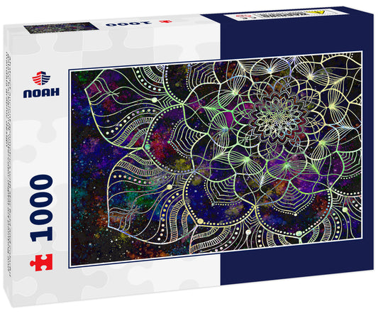 Abstract ancient geometrics with star field and colorful galaxy background, watercolor digital art painting and mandala graphic design