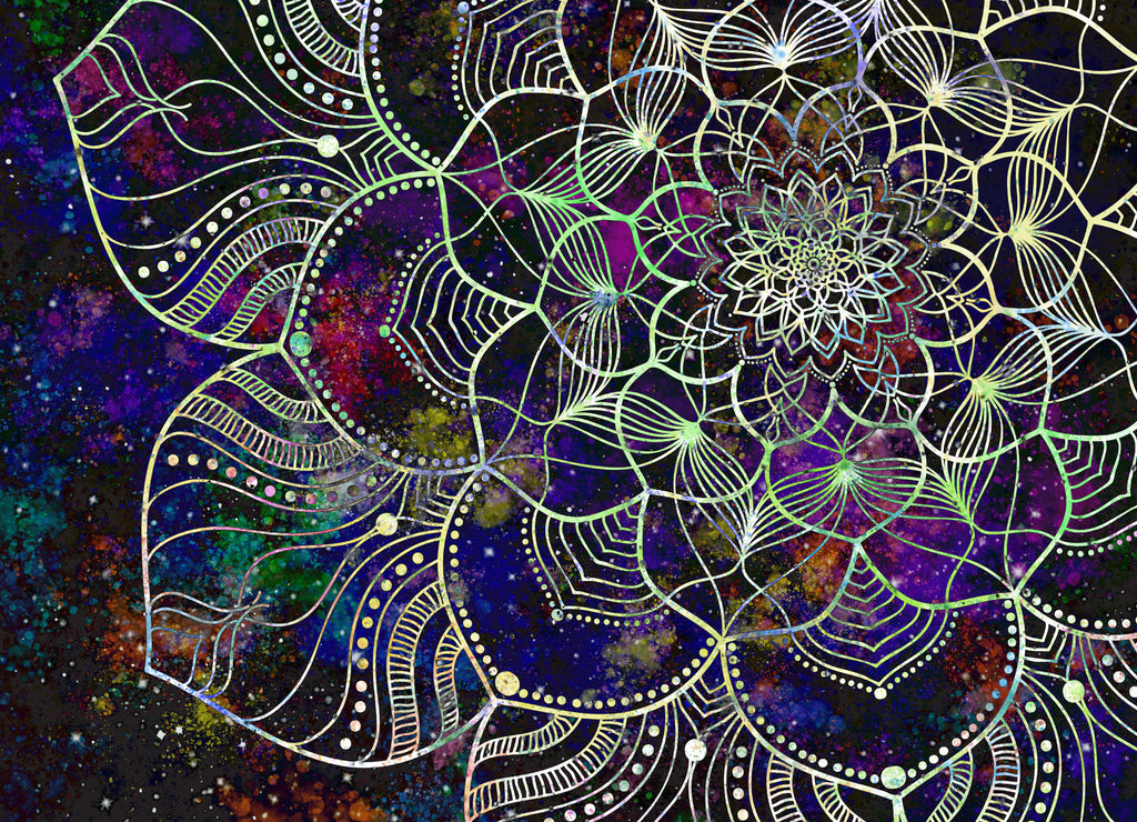 Abstract ancient geometrics with star field and colorful galaxy background, watercolor digital art painting and mandala graphic design