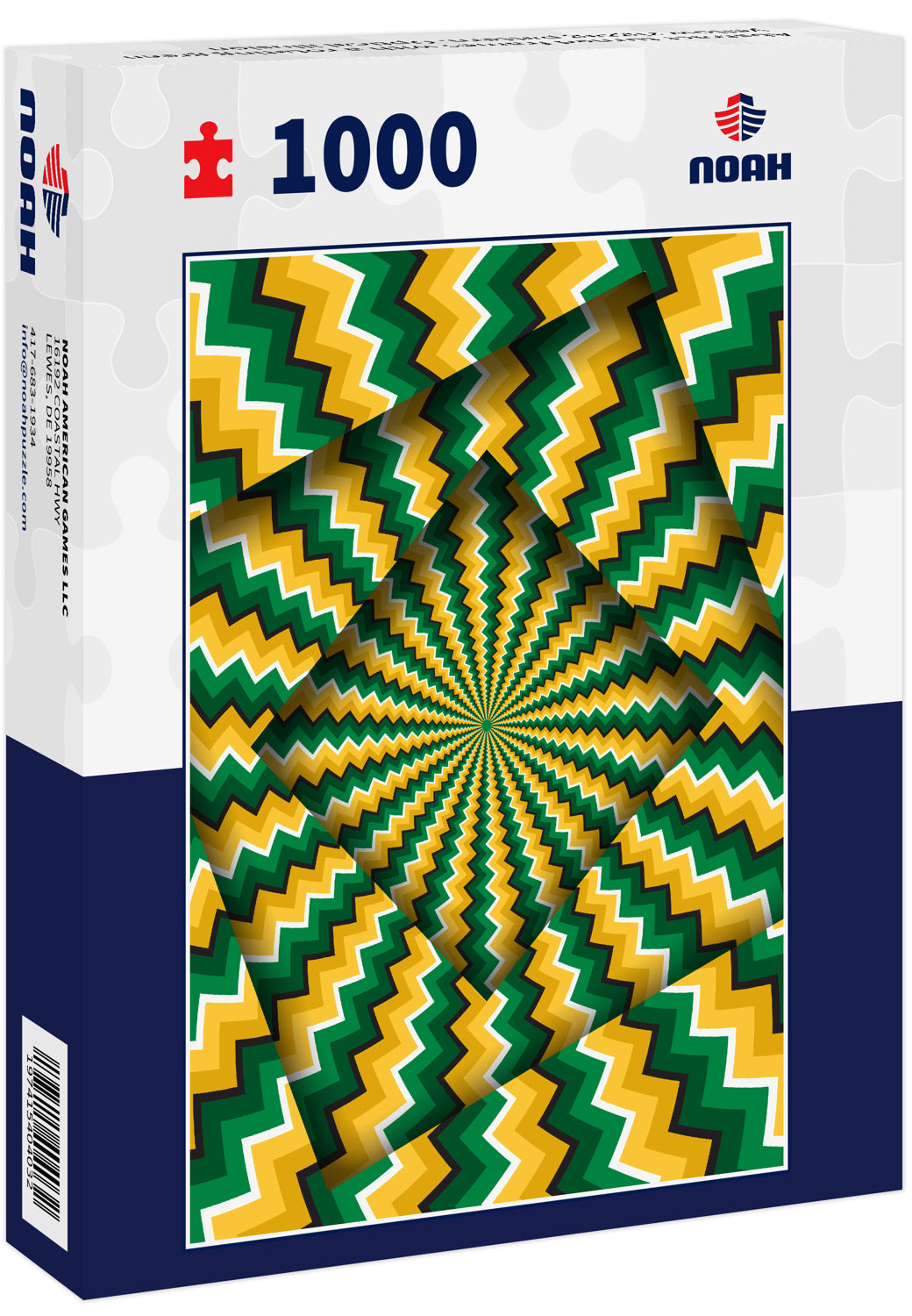 Abstract turned frames with a rotating green yellow zigzag pattern. Optical illusion