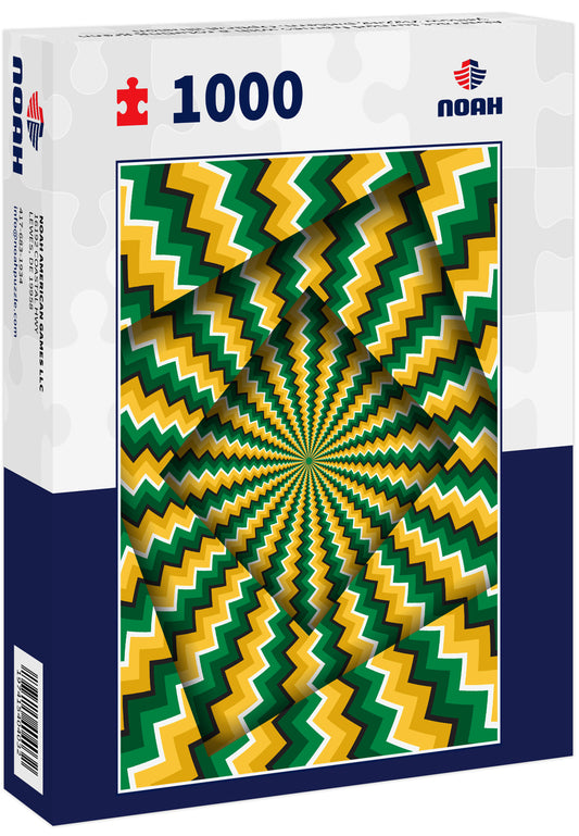 Abstract turned frames with a rotating green yellow zigzag pattern. Optical illusion