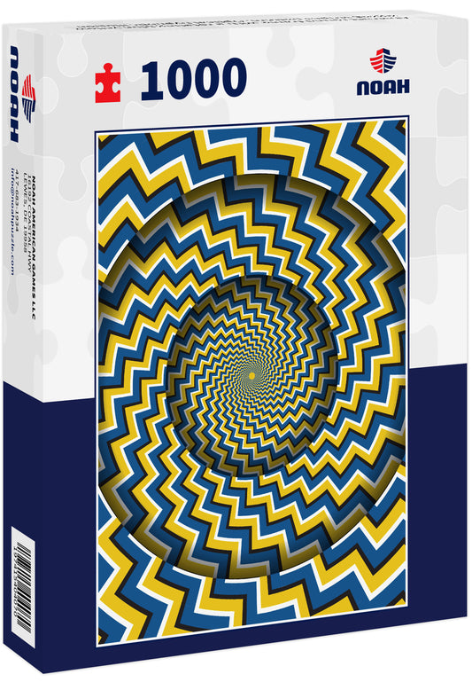 Abstract round frame with a rotating blue yellow zigzag stripes pattern. Optical hypnotic illusion 