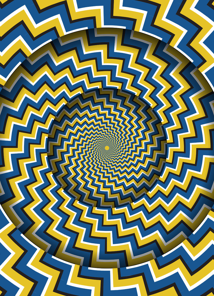 Abstract round frame with a rotating blue yellow zigzag stripes pattern. Optical hypnotic illusion 
