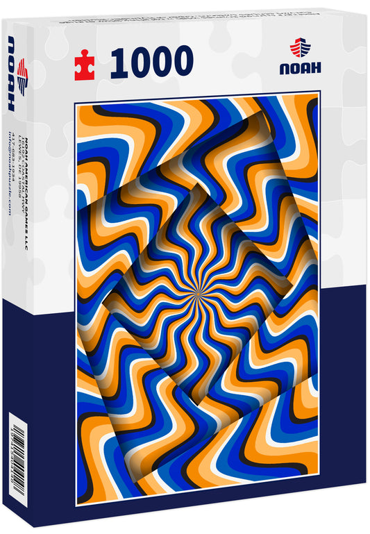 Abstract turned frames with a rotating blue orange curved stripes pattern. Optical hypnotic illusion 