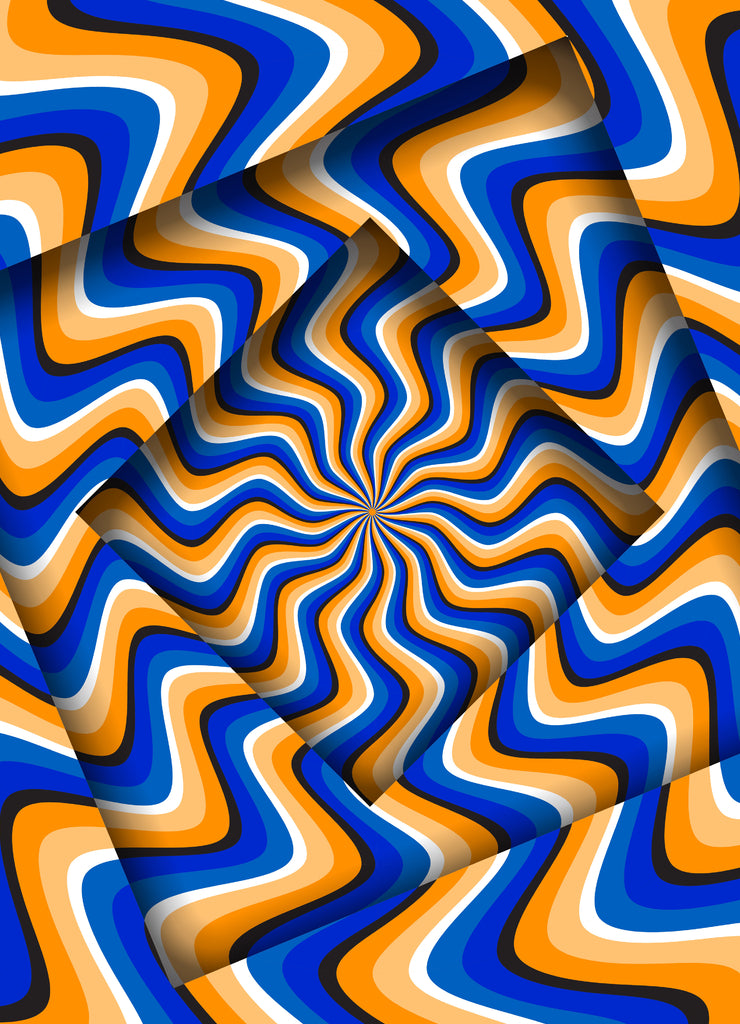 Abstract turned frames with a rotating blue orange curved stripes pattern. Optical hypnotic illusion 