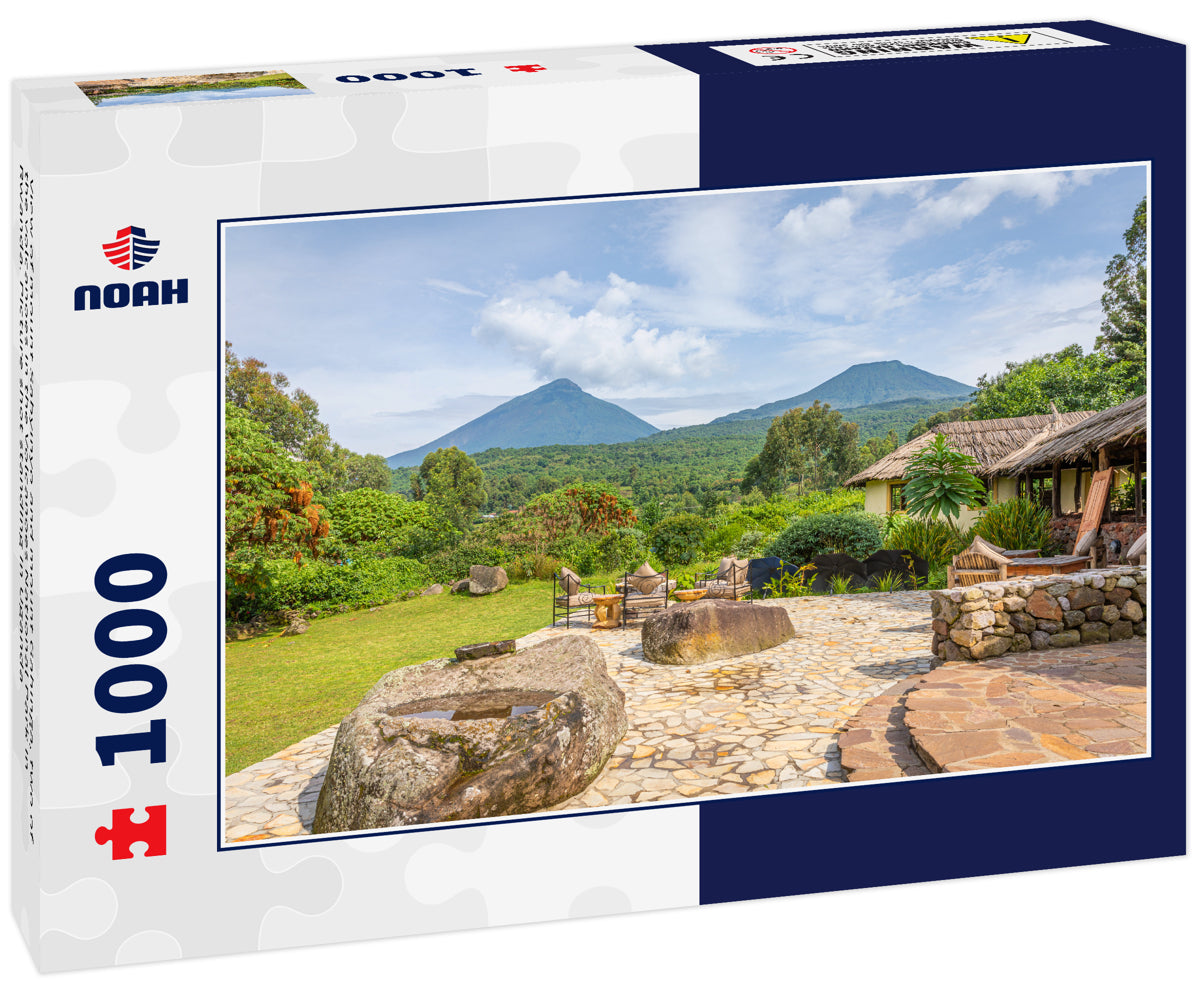 View of mount Sabyinyo and mount Gahinga, two of the volcanoes in the Volcanoes National Park in Rwanda. Picture shot standing in Uganda