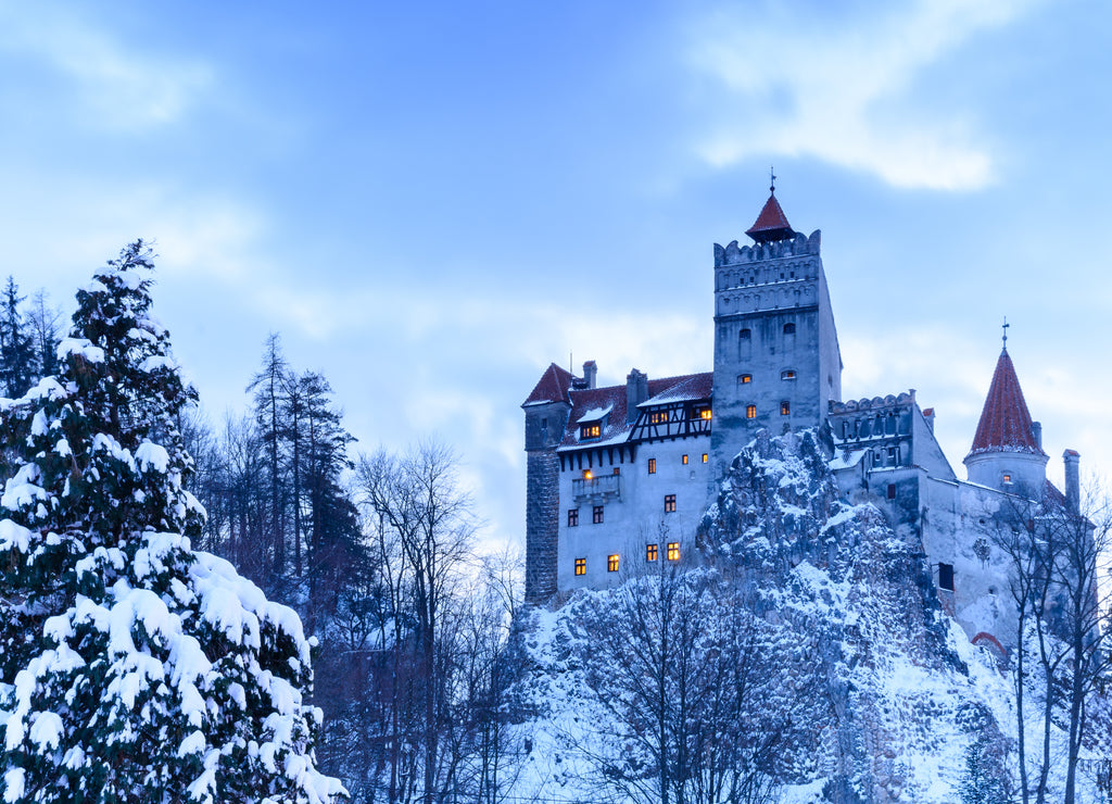 Beautiful and traditional architecture of the famous Dracula castle of Bran in winter season, in Brasov region, Romania