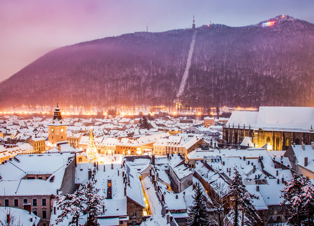 top view over Brasov in winter, Romania