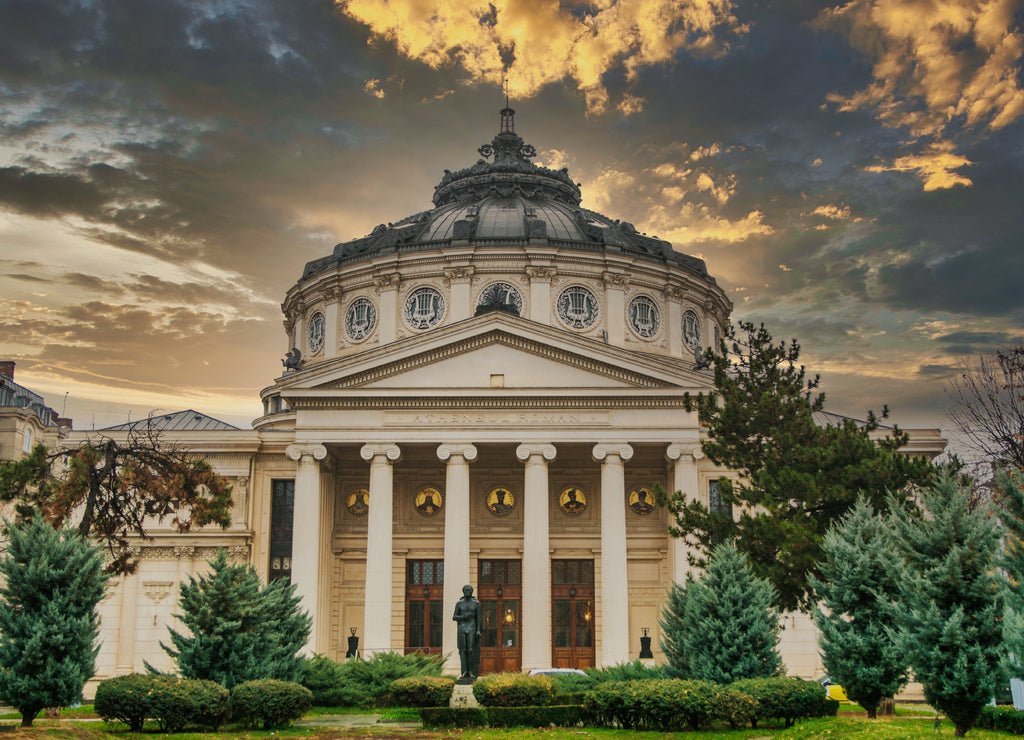 Romanian Atheneum, an important concert hall and a landmark in Bucharest, Romania. Sunset