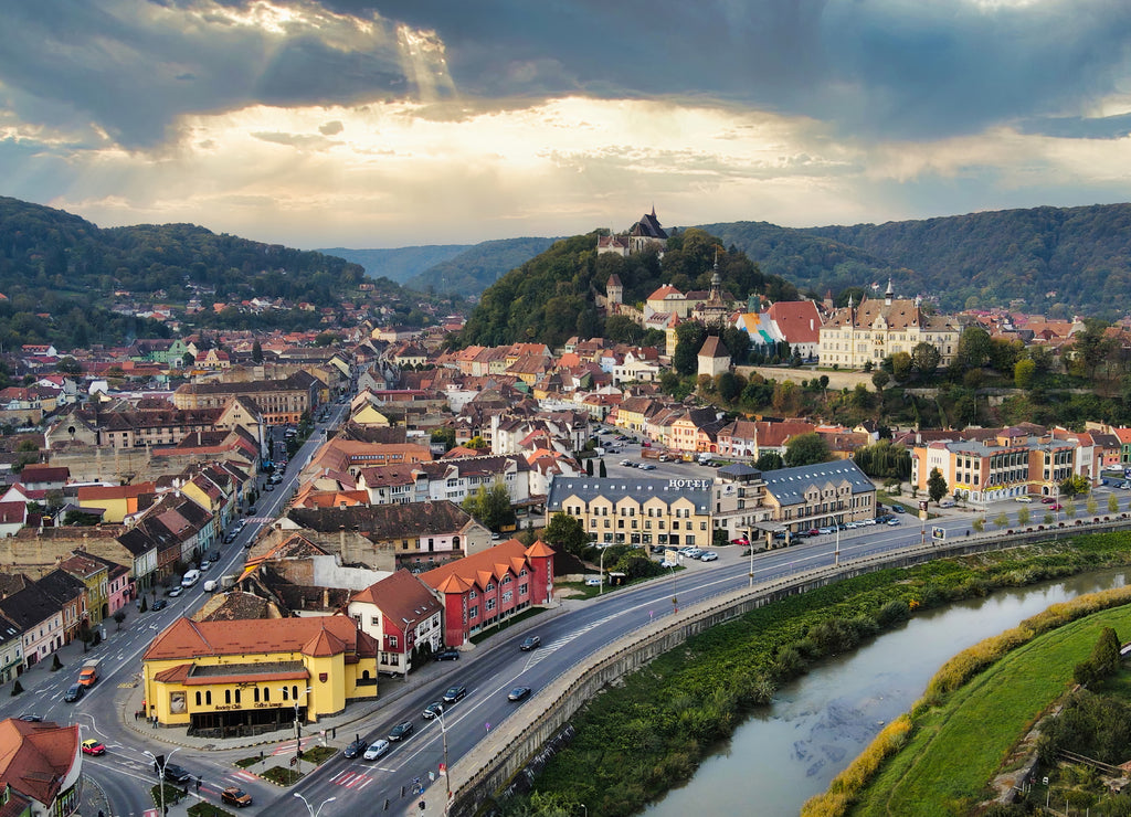 Aerial drone view of the Historic Centre of Sighisoara, Romania