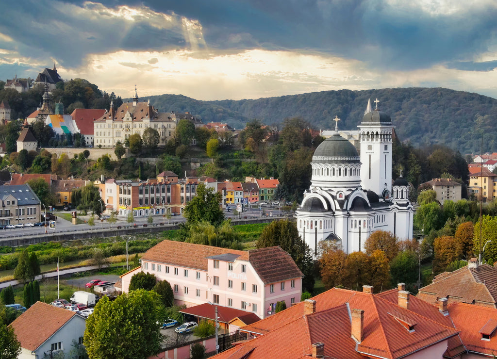 Aerial drone view of the Historic Centre of Sighisoara, Romania