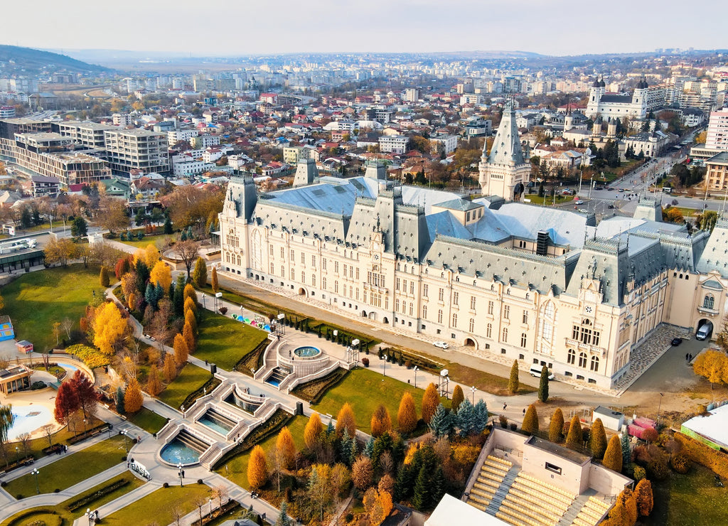 Aerial drone view of the Palace of Culture in Iasi, Romania