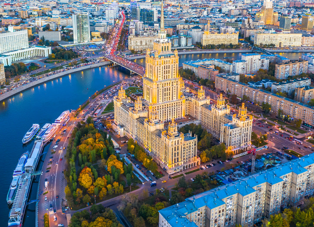 Aerial view of Moscow City with Moscow River, Russia, Moscow skyline with the historical architecture skyscraper and Moskva River