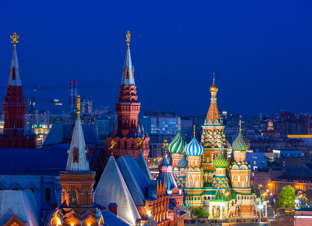 St. Basil's Cathedral on Red Square in Moscow at night, Ancient Moscow St. Basil's Cathedral is the main tourist attraction of city, Russia