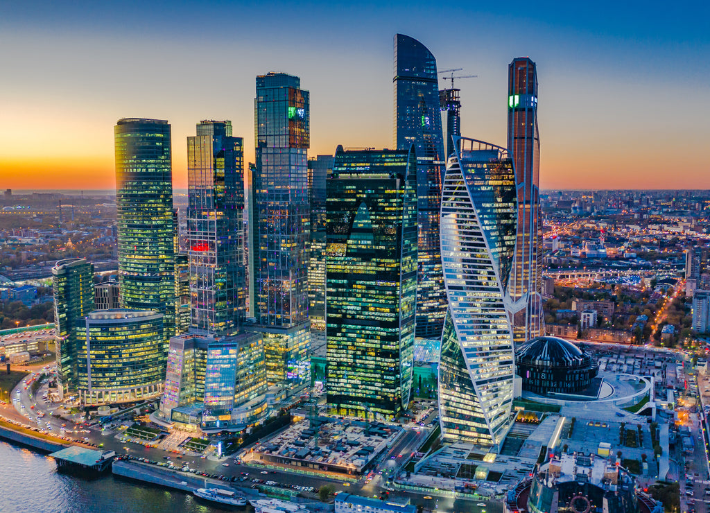 Aerial view Moscow City skyline and skyscraper building construction architecture, Moscow City international business and financial center at sunset with Moscow river, Russia