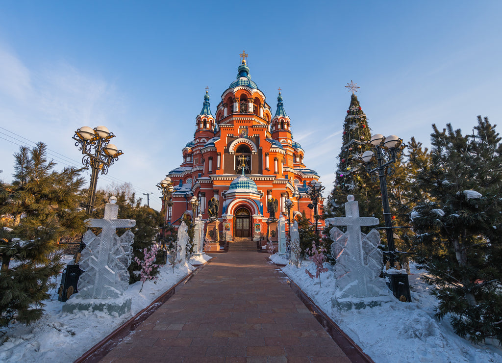 Kazan Orthodox church Icon of the Mother of God in city center of Irkutsk in winter season, Russia, Siberia