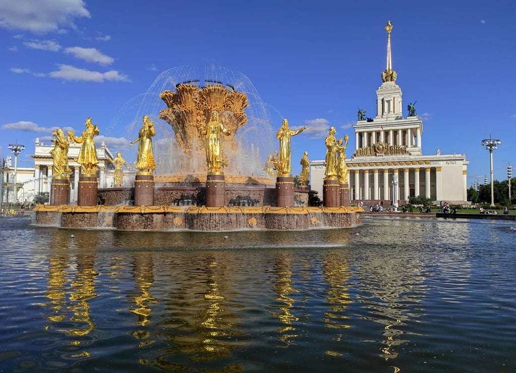 Exhibition of Achievements of National Economy (VDNH park) is popular tourist landmark in Moscow, Russia. Beautiful golden fountain "Friendship of Peoples"