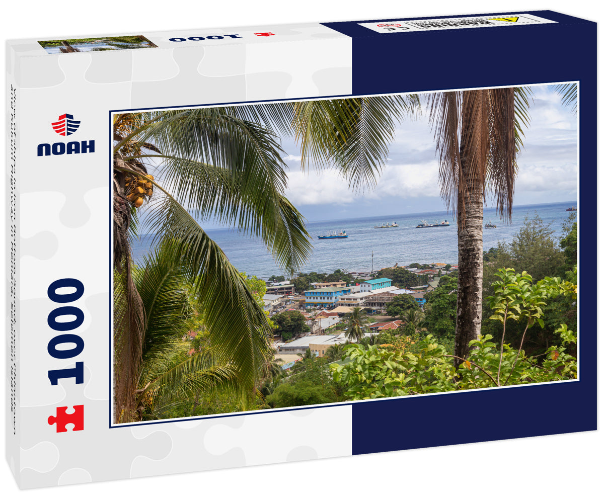 View of ships in Iron Bottom Sound, over Chinatown and Kukum Highway in Honiara, Solomon Islands