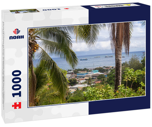 View of ships in Iron Bottom Sound, over Chinatown and Kukum Highway in Honiara, Solomon Islands