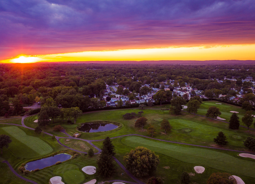 Aerial Sunset Over Golf Course in Woodbridge New Jersey