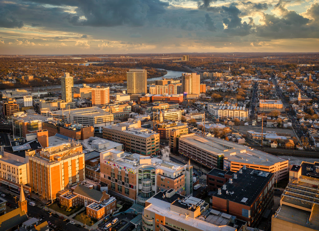 Aerial of Sunset Over New Brunswick New Jersey