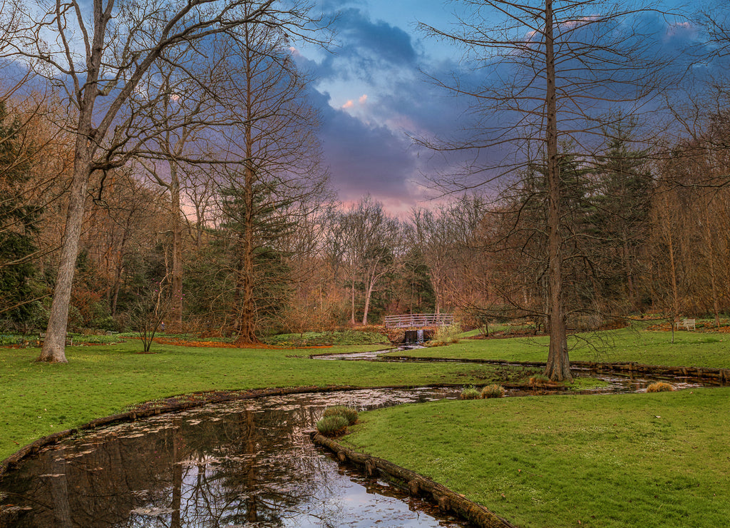 Meandering waterway through Leonard J. Buck Public Garden in Far Hills New Jersey on on early spring day